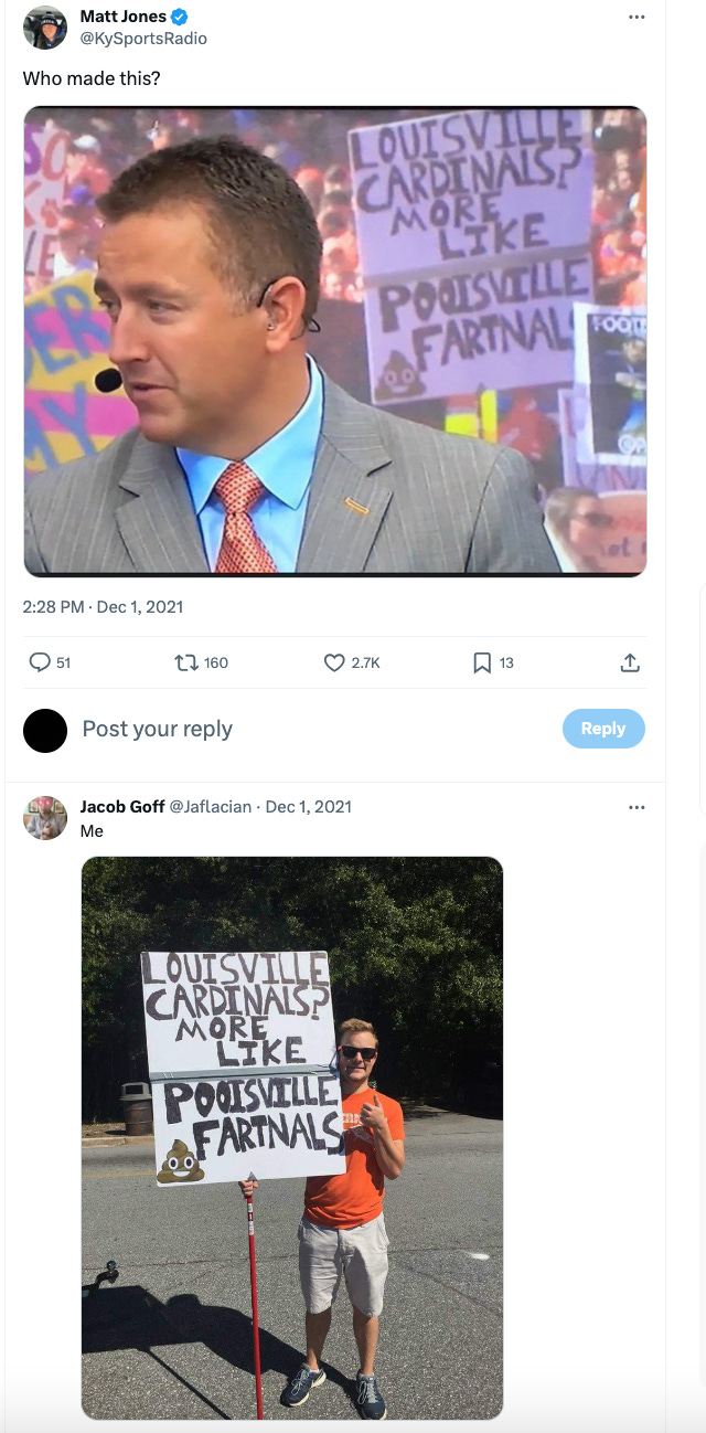A tweet from Matt Jones @kysportsradio asking Who made this? or the Pooisville Fartnals sign with a reply by Jacob Goff (@jaflacian) holding said sign, with the reply "Me."