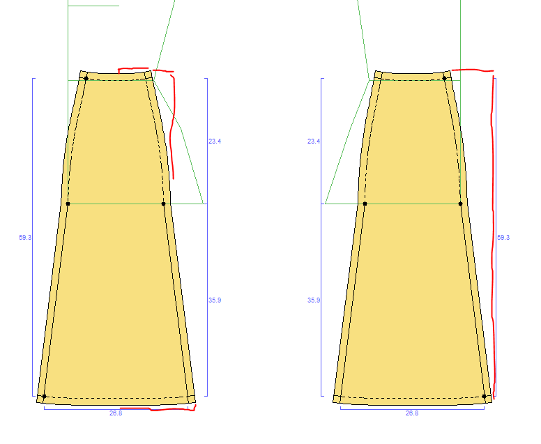 Generated pattern of a six gored skirt, two panels with red lines drawn to create triangles with the edge that show the negative space of a triangle on a rectangular cloth