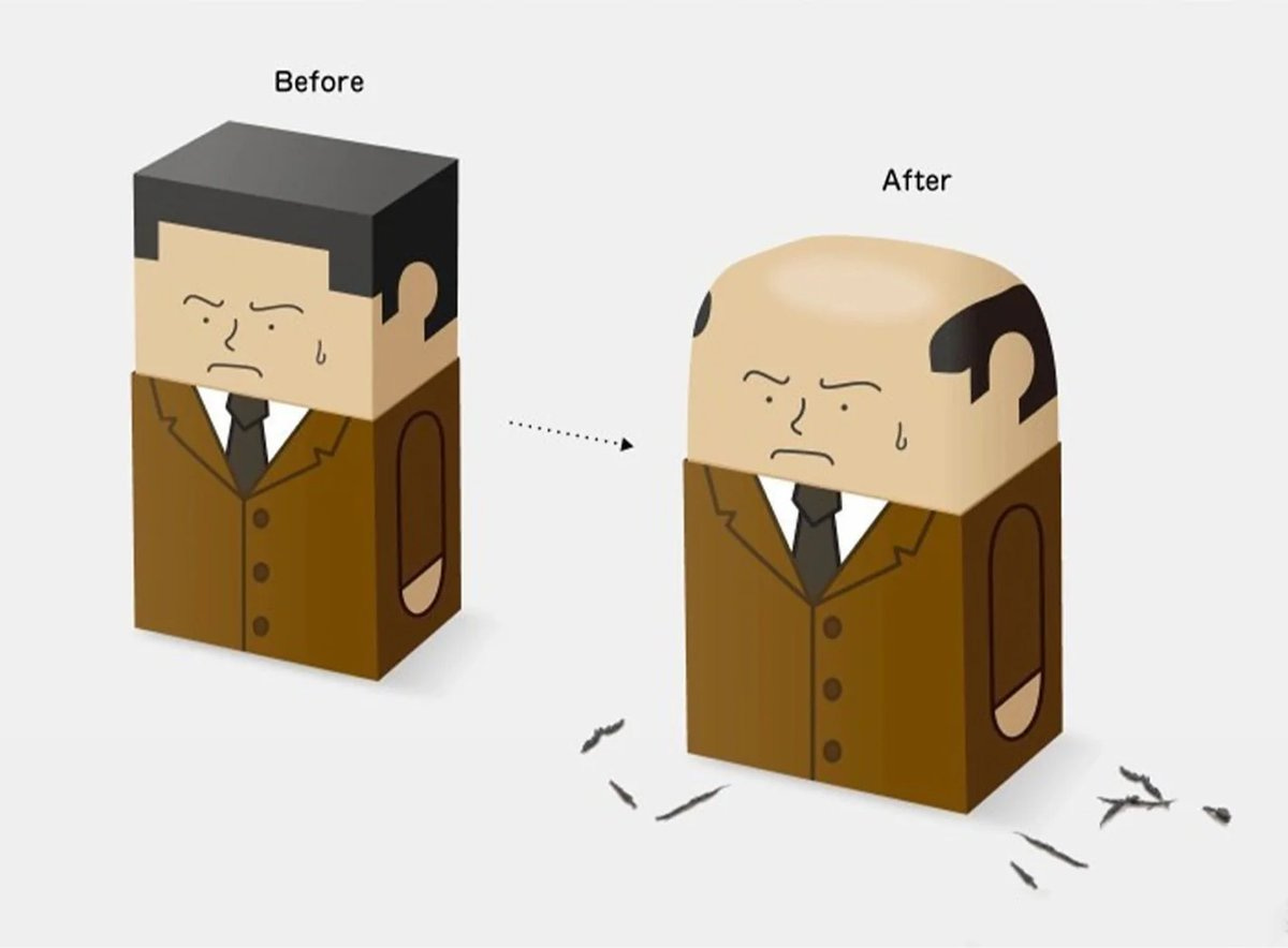 two views of an eraser of a man, one unused with a full head of 'hair' and the other where the eraser has been used and the man is going bald