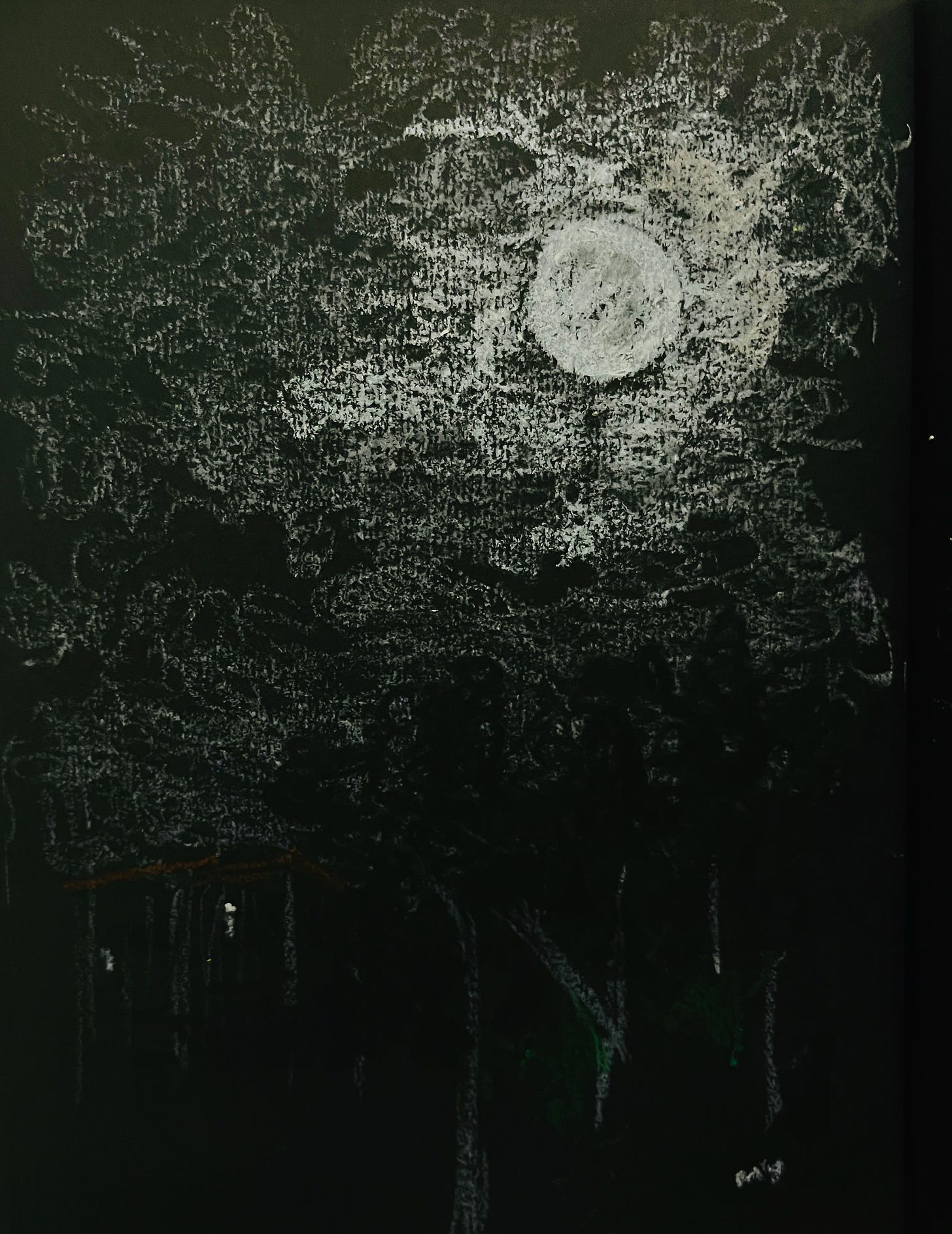 image: black paper colour notebook with oil pastel sketch of a full moon scene