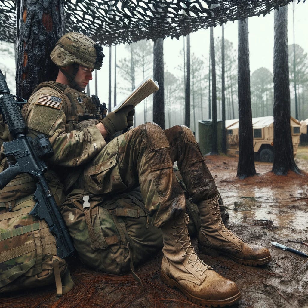 An American soldier, in standard military attire with noticeably muddy boots, leans against his rucksack while reading an article under a camouflaged tarp hung between two trees in a wooded combat zone. It's daytime with light rain and overcast skies. The soldier's weapon is nearby on the ground, alongside a pen and notebook, reflecting a moment of reflection and study in the field.