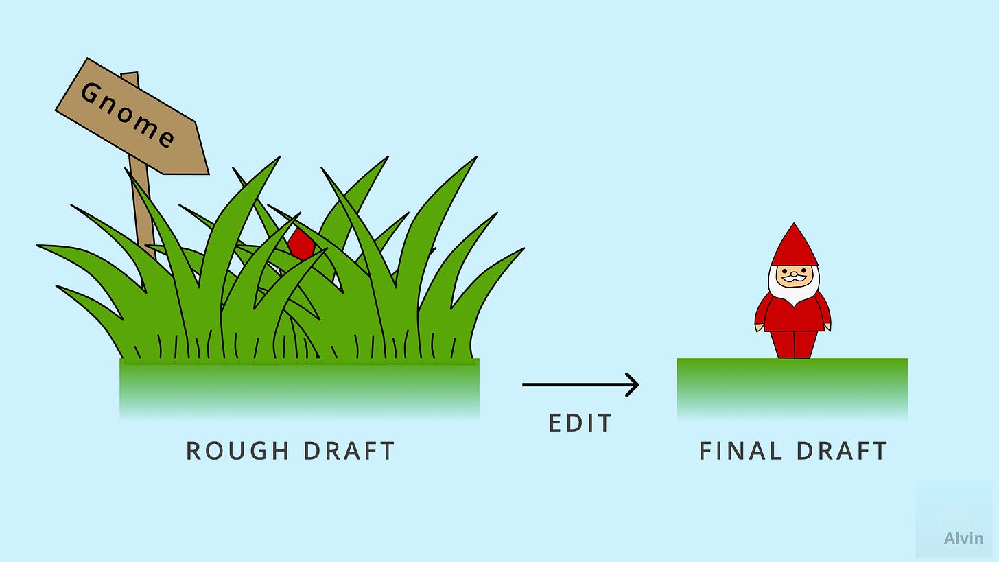 A rough draft is like a garden gnome standing in tall grass with a sign pointing to it. A final draft is just the gnome standing on clean cut grass.