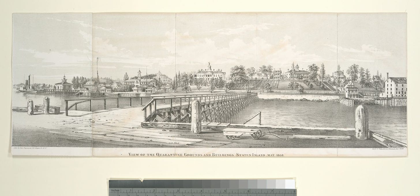 view of quarantine station on Staten Island, 1858 from NY Public Library