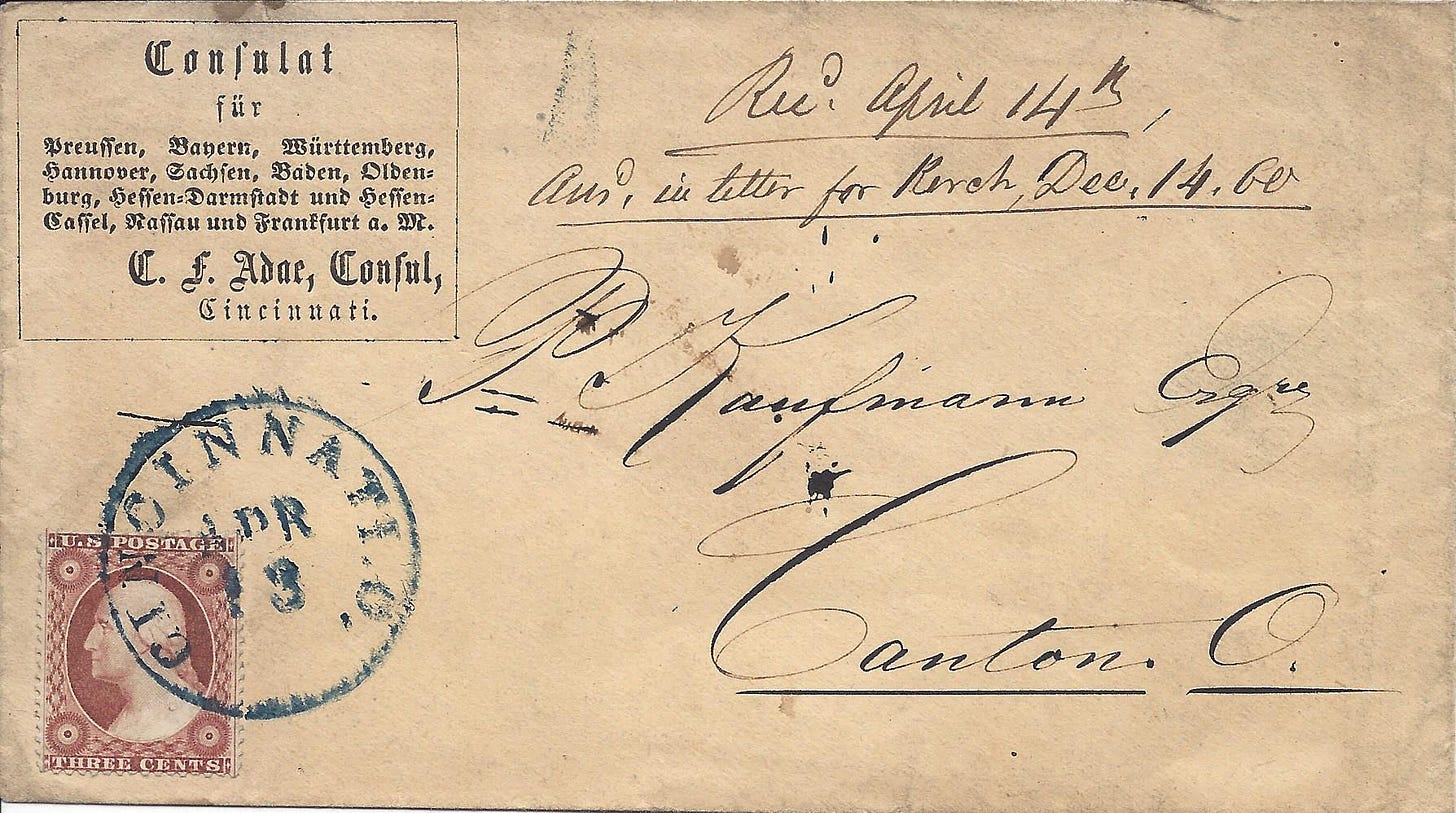 1860 cover from Cincinnati to Canton Ohio