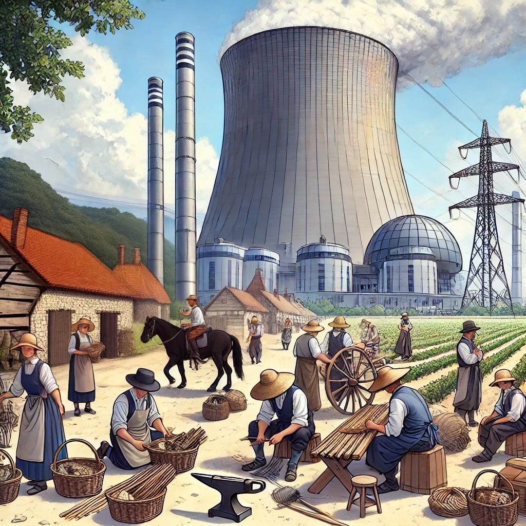 A scene depicting French peasantry with difficult jobs, set around a modern industrial nuclear power plant with a prominent spherical section. The peasants are engaged in various traditional tasks such as farming, blacksmithing, and weaving. The power plant stands tall in the background, with sleek, futuristic design elements contrasting the historical activities of the peasants. The foregrounded peasant buildings are damaged and falling down, with added rubble, broken tiles, weathering, and bomb damage to enhance the sense of hardship. The overall image is rendered in a clean anime style, with detailed character expressions and a vibrant color palette.