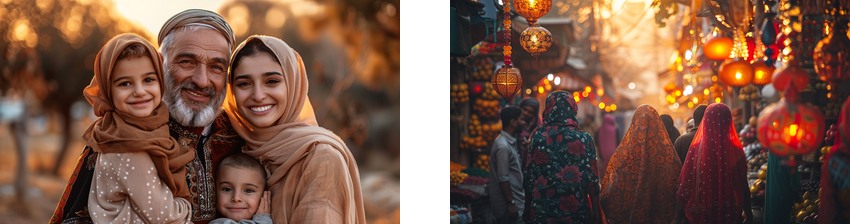 On the left, a smiling elderly man is surrounded by his family, including two women and a child, all in traditional attire. On the right, women in vibrant cultural clothing walk through a bustling, lantern-lit market.