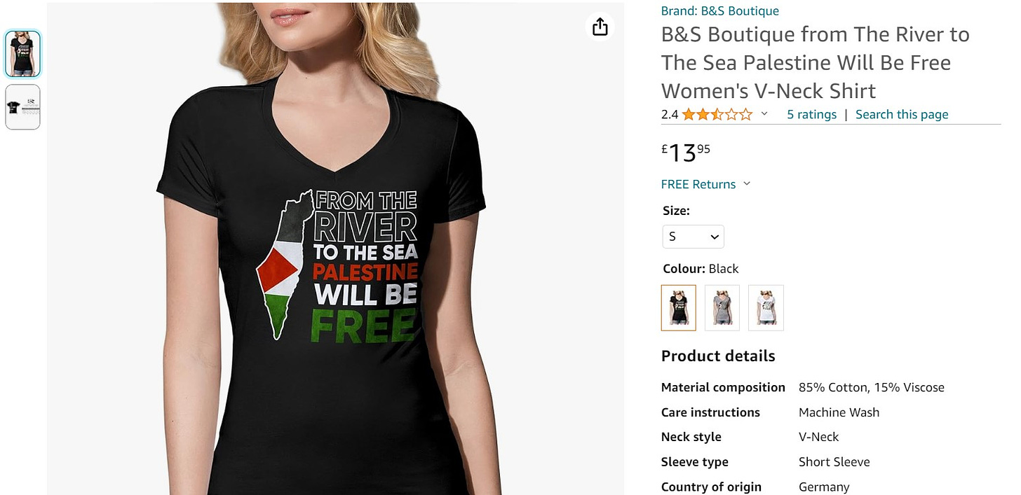 A listing on Amazon for a t-shirt with the slogan, 'From the river to the sea, Palestine will be free'