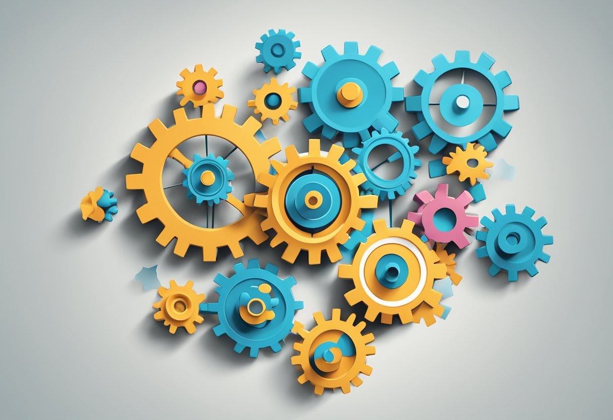 A network of interconnected gears supporting a central spinning wheel, symbolizing a cohesive support system for overcoming decision paralysis in goal-setting