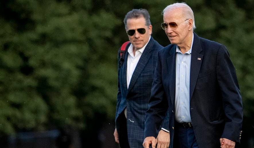 President Joe Biden, and his son Hunter Biden arrive at Fort McNair, Sunday, June 25, 2023, in Washington. The Biden&#x27;s are returning from Camp David. (AP Photo/Andrew Harnik)