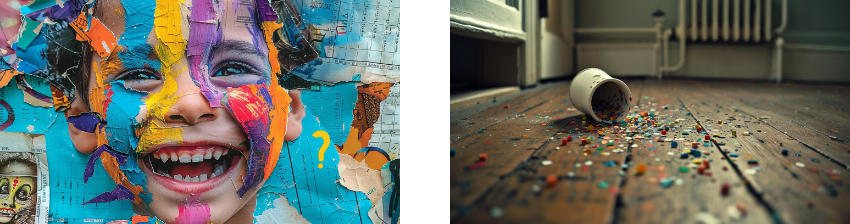 The image is a split view. On the left is a close-up of a child's face, joyfully smiling with eyes closed, covered in a collage of colorful paint splatters that give a textured, three-dimensional effect against a blue puzzle piece background. On the right, a wooden floor with a single overturned white cup, from which a scattering of colorful confetti has spilled, lies near a white baseboard heater, creating a sense of recent celebration or activity.