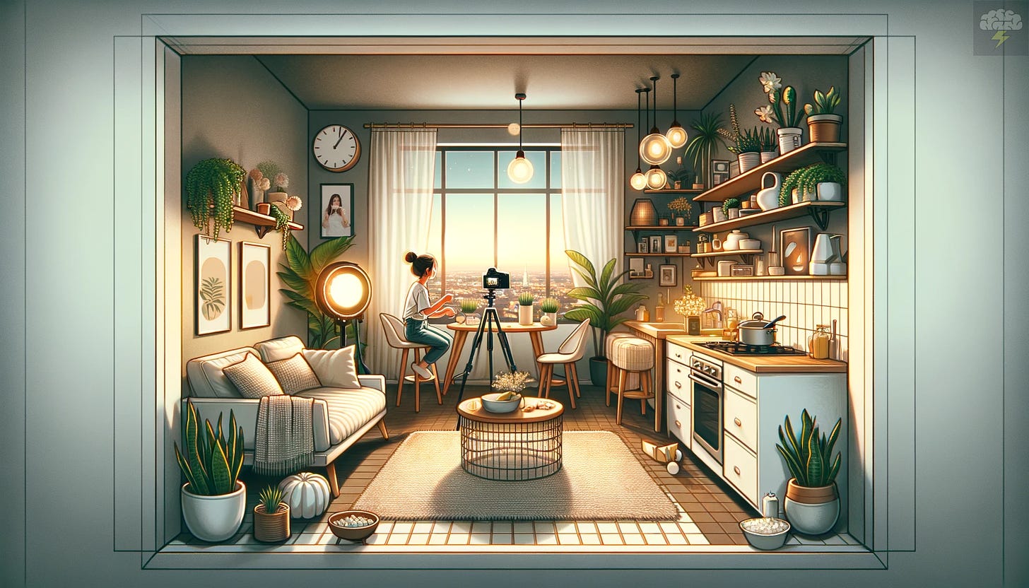 An illustration showcasing a modern, cozy studio apartment with a serene ambiance, ideal for solo living. The apartment features stylish furniture, including a comfortable sofa and a small kitchen space. Various plants add a touch of greenery, enhancing the inviting atmosphere. In one corner, a young person is seen filming a vlog, with a camera set up capturing them cooking. Soft lighting and a large window provide a view of the cityscape outside, reflecting the charm and independence of solo living, popularized by 'living alone vloggers'.