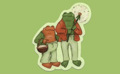 a sticker of Frog and Toad smiling at each other. Frog is carrying a dandelion puff, Toad is carrying a basket.