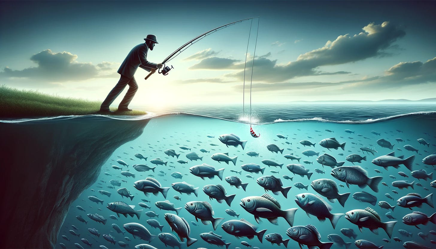 A skilled fisherman standing on the edge of a vast ocean, casting a fishing rod with a special lure into the water. The ocean is teeming with a variety of fish, each representing different talents and skills. The fisherman is focused and strategic, symbolizing a headhunter seeking the most qualified candidates for a company. The scene is set under a clear sky, conveying a sense of purpose and determination.
