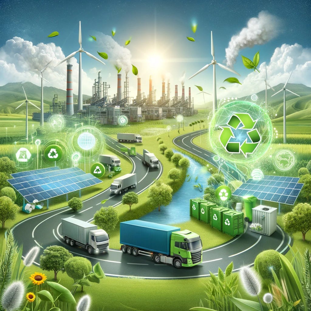 Create an image that visually represents sustainability in the supply chain. The image should illustrate a green and eco-friendly supply chain concept, featuring elements such as renewable energy sources like solar panels and wind turbines, electric trucks for transportation, recycling symbols, and lush greenery. The background should depict a seamless integration of technology and nature, symbolizing the balance between industrial progress and environmental preservation.