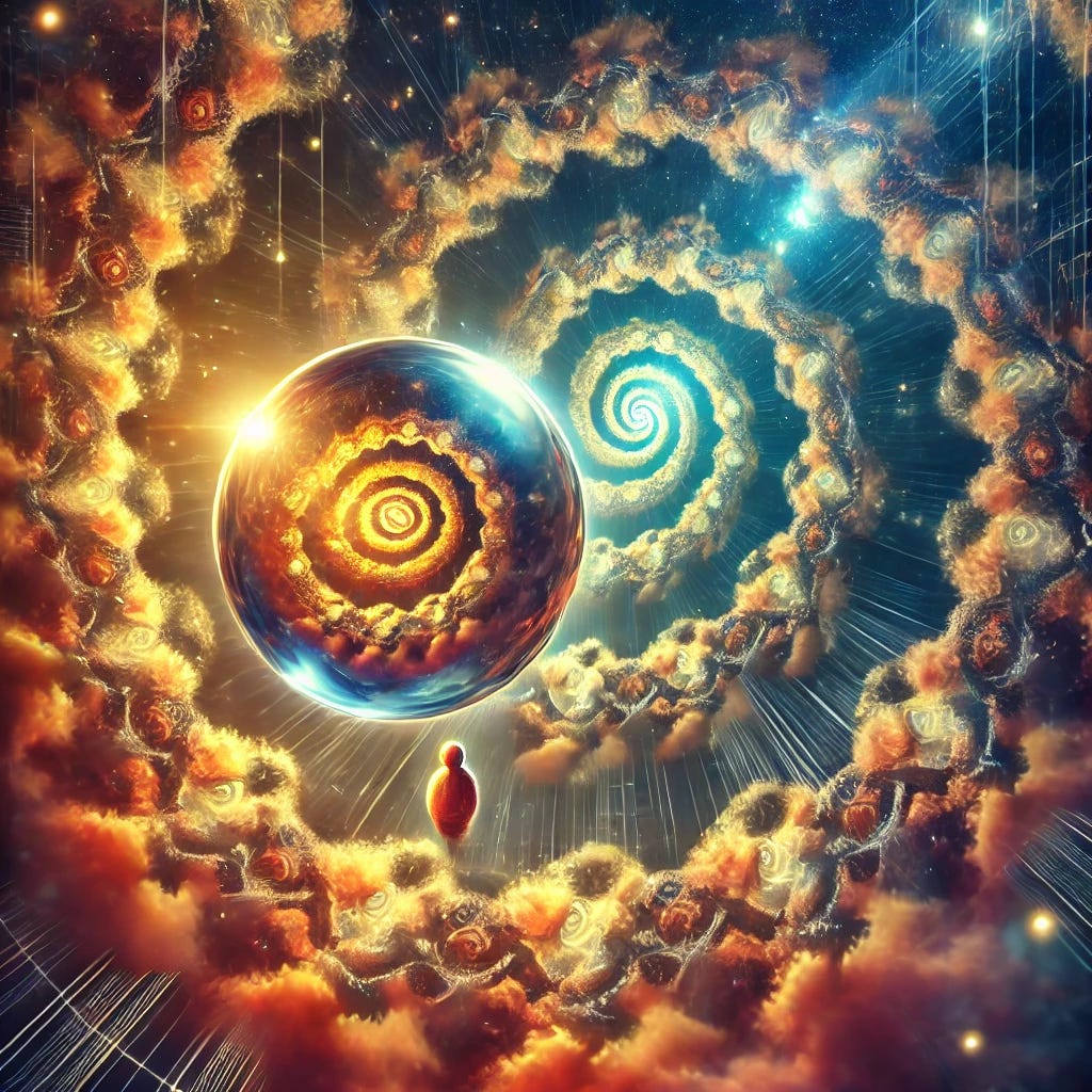 A surreal and abstract illustration of a self-referential idea. A glowing thought bubble contains a smaller version of itself, which in turn contains an even smaller version, creating an infinite recursion effect. The scene is set in a cosmic space with swirling lights and fractal-like patterns, symbolizing the infinite loop of self-reference. The colors are rich and vibrant, evoking a sense of mystery and intellectual depth.