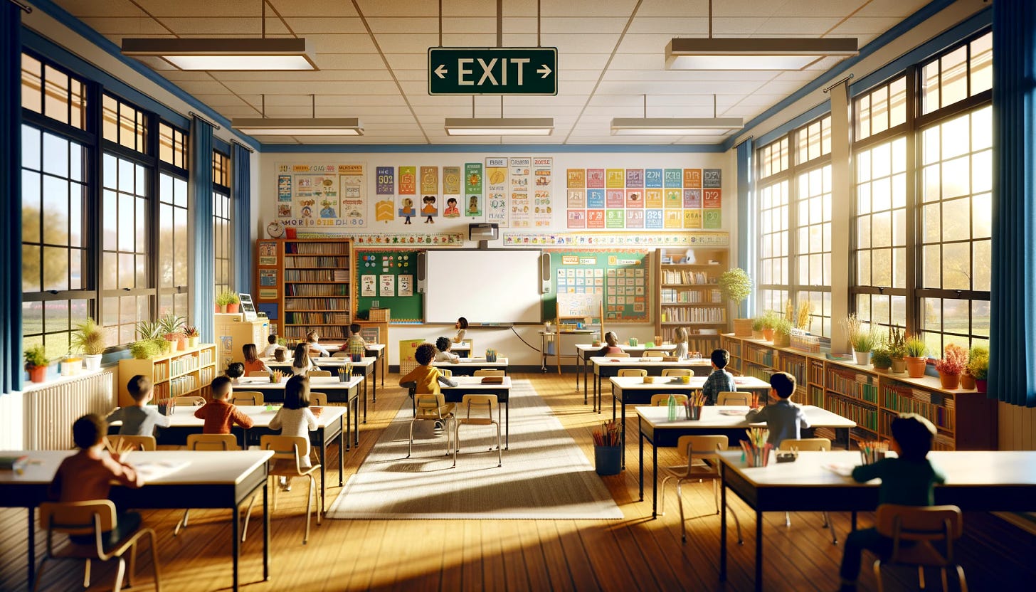 A bright and welcoming elementary school classroom, featuring two exits for safety and convenience. The room is filled with colorful educational posters on the walls, a variety of books on shelves, and a large interactive whiteboard at the front. Desks are arranged in small groups to encourage collaboration among students. Natural light streams in through large windows, illuminating the space and creating a warm atmosphere. Each exit is clearly marked with exit signs, ensuring safety protocols are followed. The classroom is bustling with engaged students and a teacher facilitating a lesson, creating a dynamic and interactive learning environment.