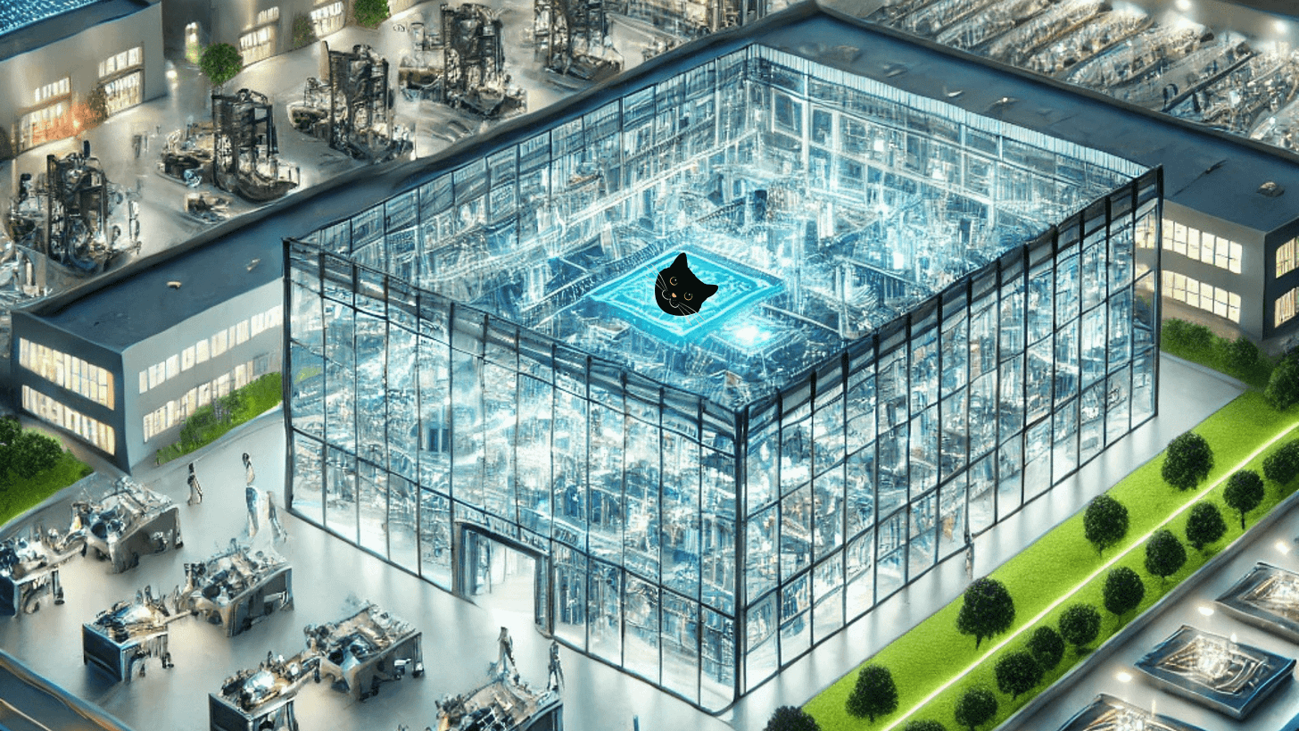 Image of cat face inside a modern manufacturing facility