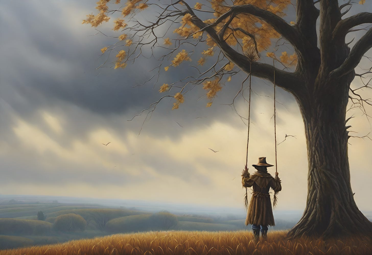 A scarecrow holding onto a two-sided rope that's hanging from the branch of a tree in a gloomy autumn setting.