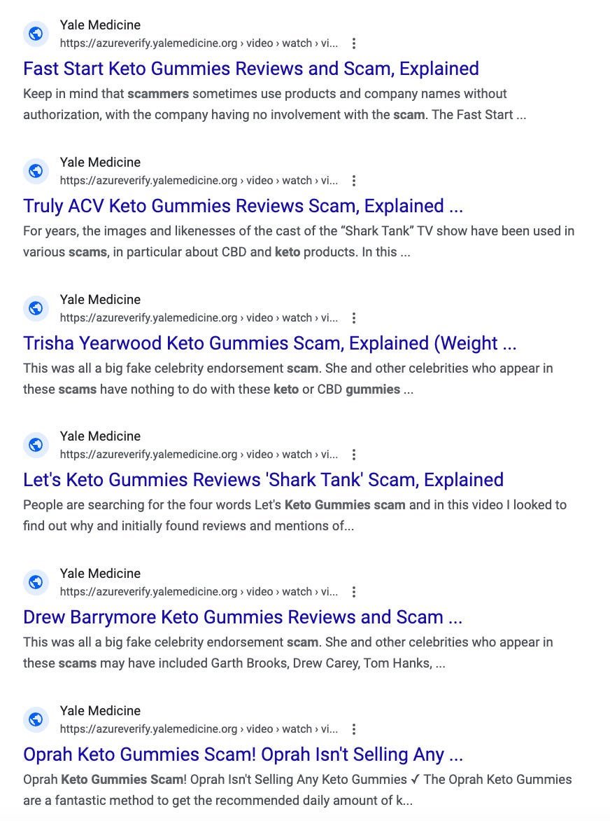 multiple articles purportedly from yale medicine mentioning Keto gummies, scams and various celebrity endorsements