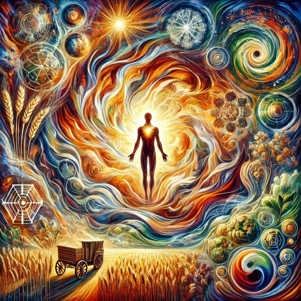 A vibrant oil painting with expressive strokes and rich, bold colors, centered around a human figure, artistically abstract, radiating swirling energy fields representing the human biofield. Surrounding the human, elements of farming are subtly incorporated—wheat fields, crops, and natural landscapes blending into the biofield's energy. The figure is connected to the earth, showing a harmonious relationship with nature. Around the edges, abstract representations of technology and global threats, like waves of 5G, nanotechnology, and dark clouds representing geoengineering, are present but secondary to the central theme of the human biofield and farming. The color scheme is warm and natural at the center, with darker hues around the edges.