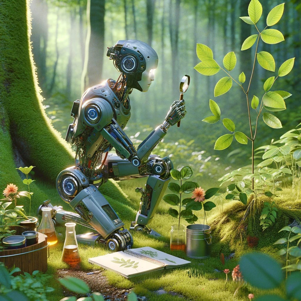 The image depicts a humanoid robot in a lush forest, engaged in a scientific examination of a plant. The robot is kneeling, holding a magnifying glass to closely observe a young sapling. Surrounding the robot are various items indicative of biological fieldwork: notebooks, sketches of leaves, and glass containers possibly containing samples or chemicals. The scene is bathed in soft sunlight filtering through the trees, highlighting the contrast between the robot's mechanical form and the natural environment. 