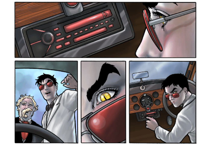 A full colour drawing across four panels showing Crowley and Aziraphale in the Bentley.