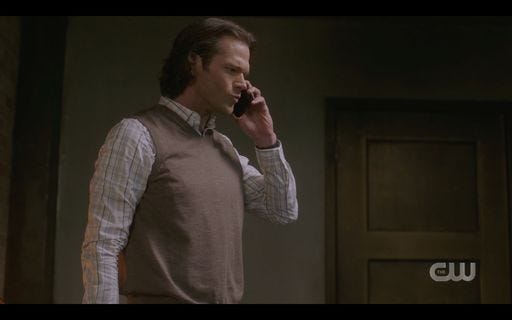 Sam Winchester on phone with Dean about Mrs Butters.