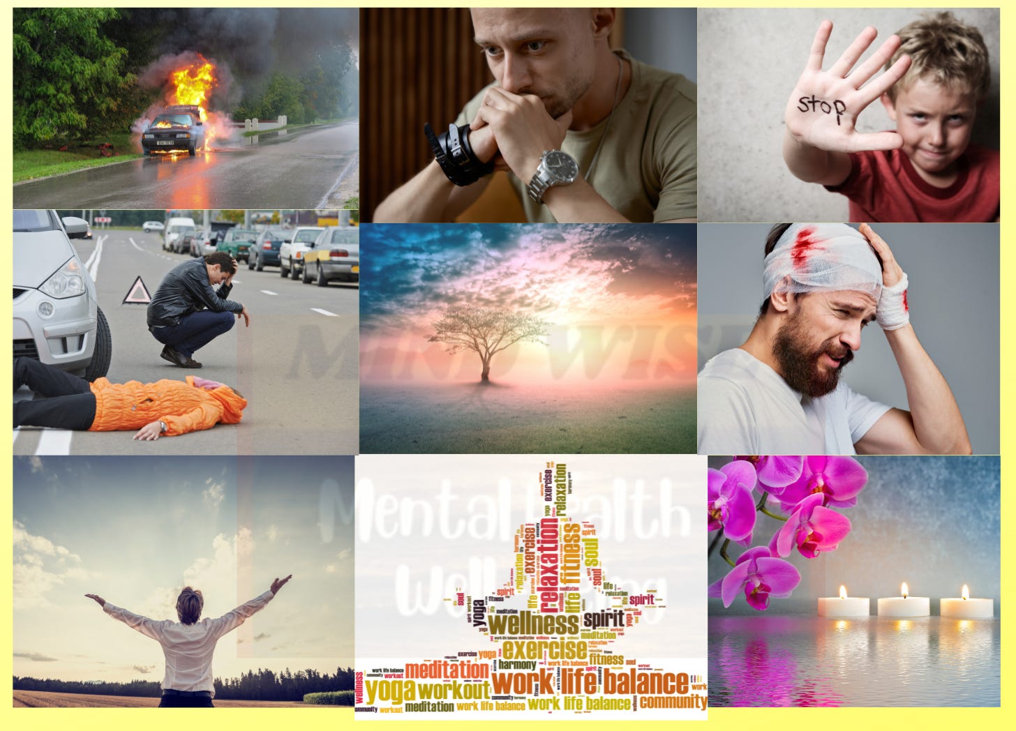 collage of nine pictures with scenes of traumatic events and realization of the way to happiness and thriving. 