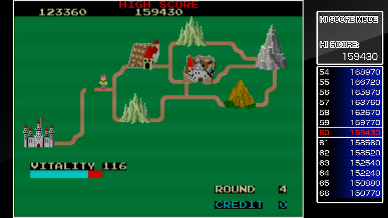 A screenshot of the Round 4 map from the arcade edition of Dragon Buster. This is Arcade Archives, and it's from the Hi-Score Mode, so there is also a score-tracking sidebar with rank and score displayed.