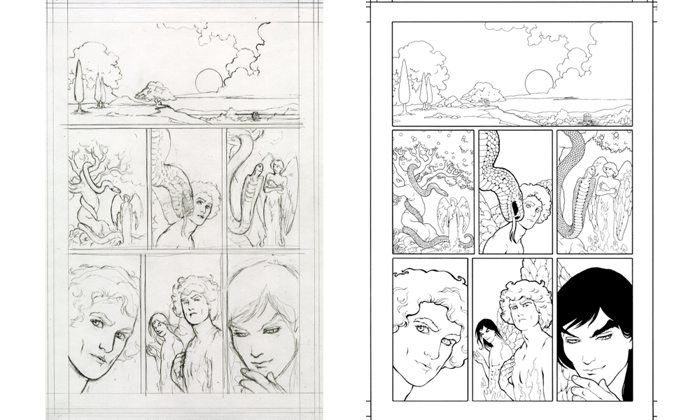 Images of page 2 of the graphic novel at pencil and ink stage.