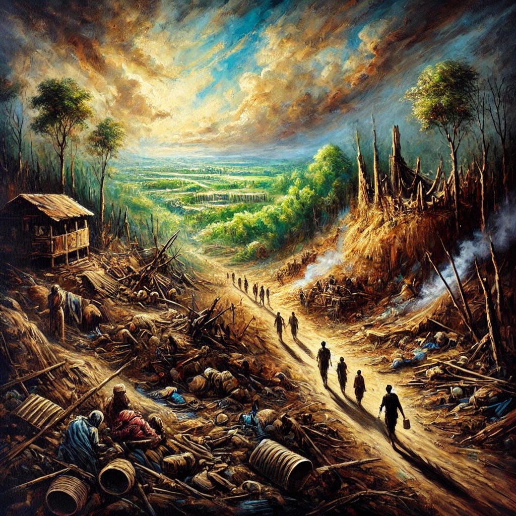 A powerful oil painting in a square format, depicting the theme of forced displacement and cultural erasure. The scene portrays a barren landscape with remnants of destroyed homes, cultural artifacts, and faint shadows of people walking away carrying their belongings. In the distance, lush trees and greenery emerge, symbolizing the reforestation efforts to erase memory, while faintly visible signs of ancient structures are engulfed by the overgrowth. The painting features expressive, bold strokes and rich, dark tones with vibrant contrasts, emphasizing the sorrow and resilience of the displaced. The style evokes emotion without including text or specific identifiable figures.