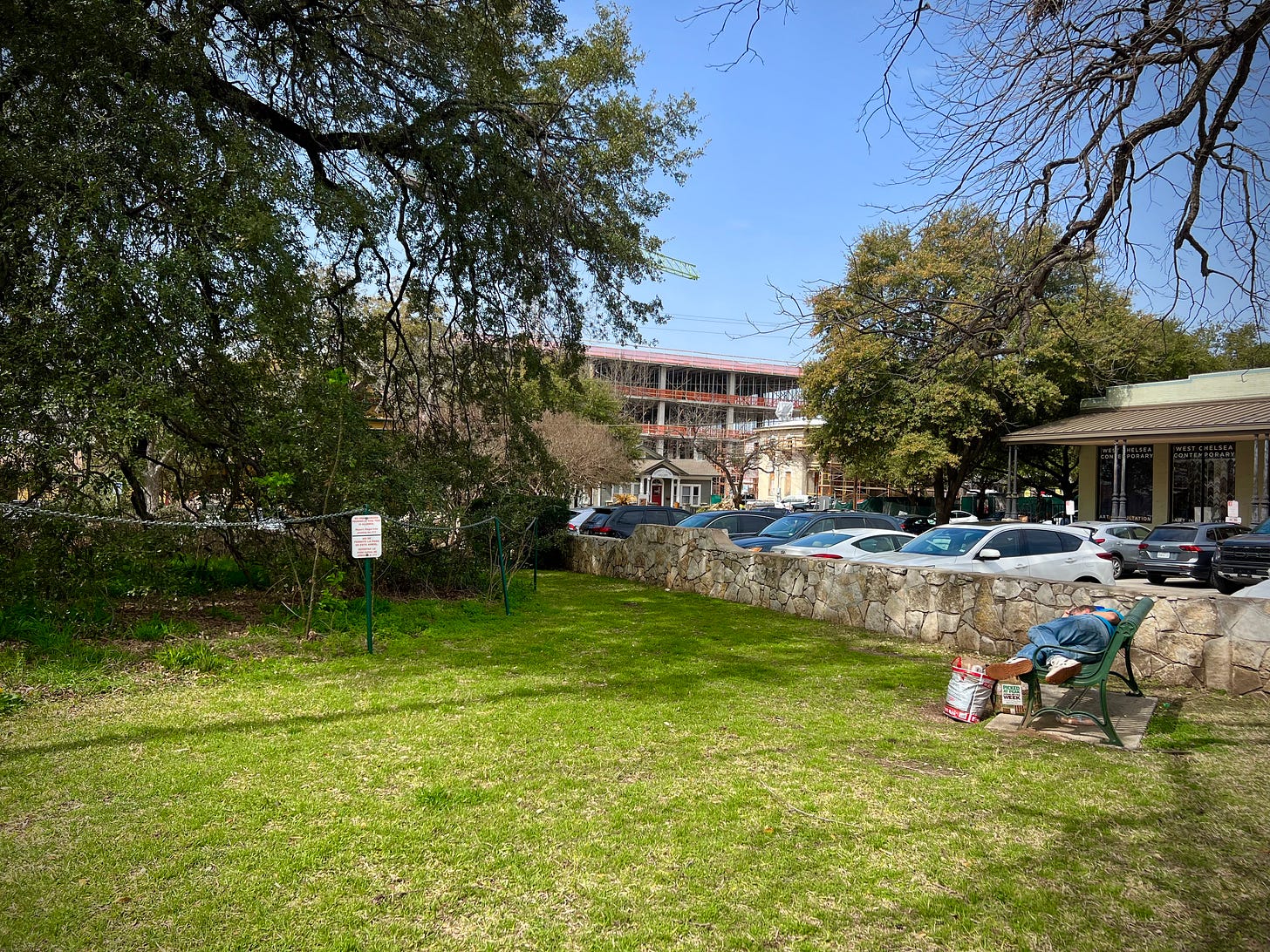 Man sleeping on a bench between a parking lot and a giant oak