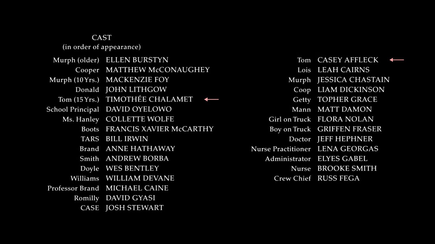 Interstellar movie end credits scene of cast