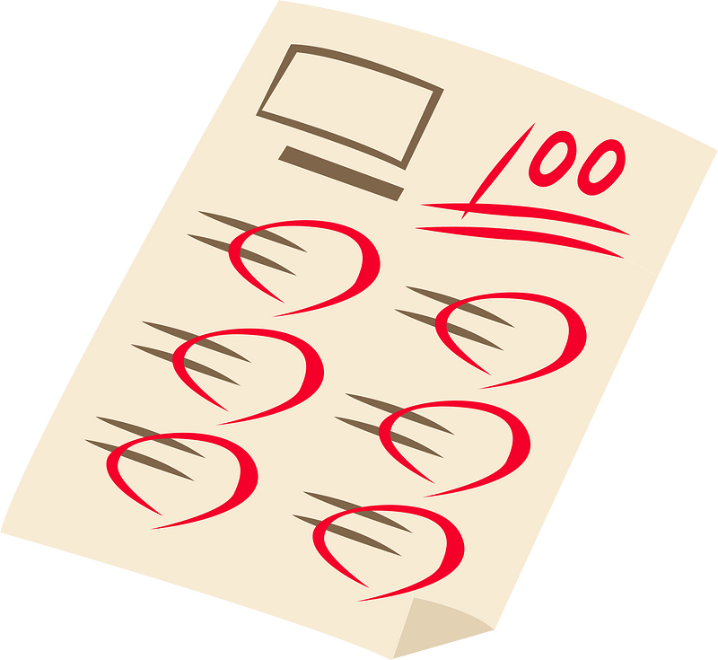 Clipart of a piece of paper with writing and red circles with a 100 in the upper right hand corner to look like an assignment that received 100 points