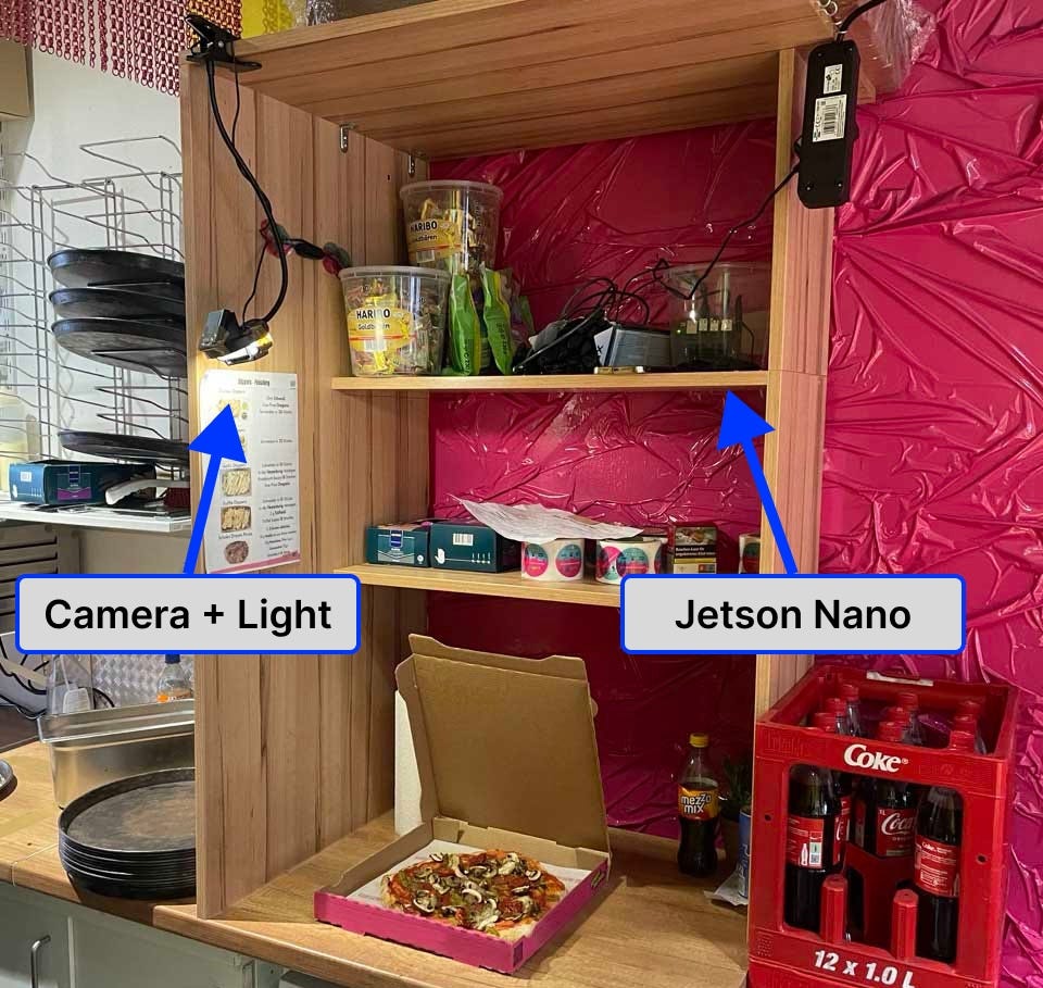 A picture of a pizza store. A pizza is lying on a table. Above it is a mounted ring light and camera that is attached to an Nvidia Jetson Nano.