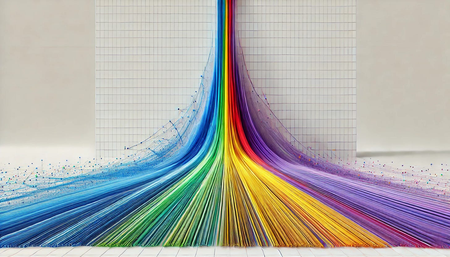 A visualization of the convergence effect with multiple colorful lines (blue, green, yellow, purple, orange) on a white background in a landscape ratio. The lines should start spread out from the left side, then gradually merge as they move up and to the right in a steep exponential curve. The background should be plain white with no patterns or grids, and the red line should be the most prominent, leading the other lines in the exponential rise.