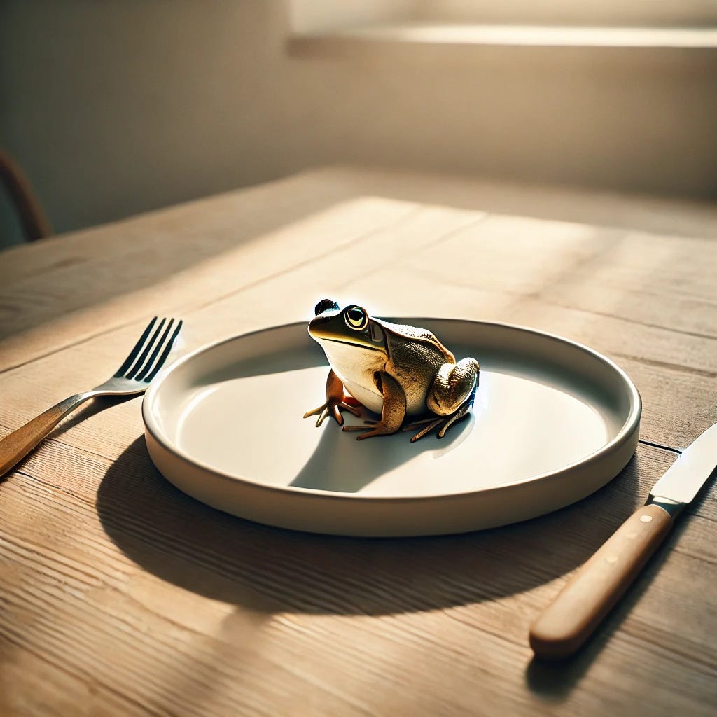 A frog sitting on a plate in the morning. The plate is placed on a simple wooden table, with soft morning light coming through a nearby window, casting gentle shadows. The scene evokes the concept of 'Eat the Frog,' symbolizing productivity and tackling tough tasks first. The frog looks calm, sitting naturally, with a slight humorous touch. To the left of the plate is a fork, and to the right, a knife is placed. The table has minimalistic decor, and the background gives a serene, early morning atmosphere.