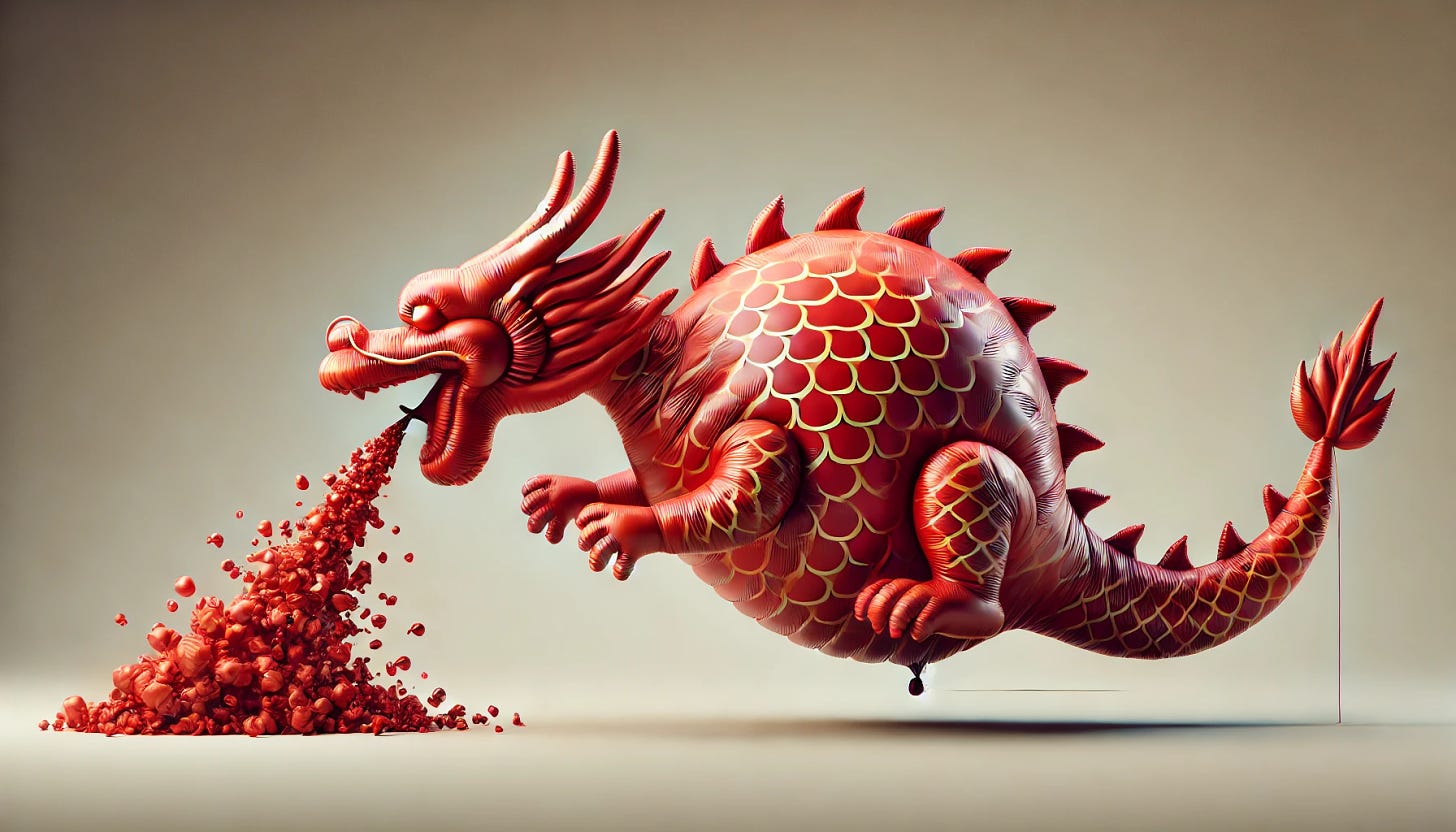 A horizontal image depicting a red dragon-shaped balloon representing the Chinese economy. The dragon balloon is deflating, expelling air through its mouth. The scene captures the sense of the balloon losing its form and structure, with wrinkles and folds appearing on its surface as it deflates. The background is neutral to focus attention on the dragon balloon.