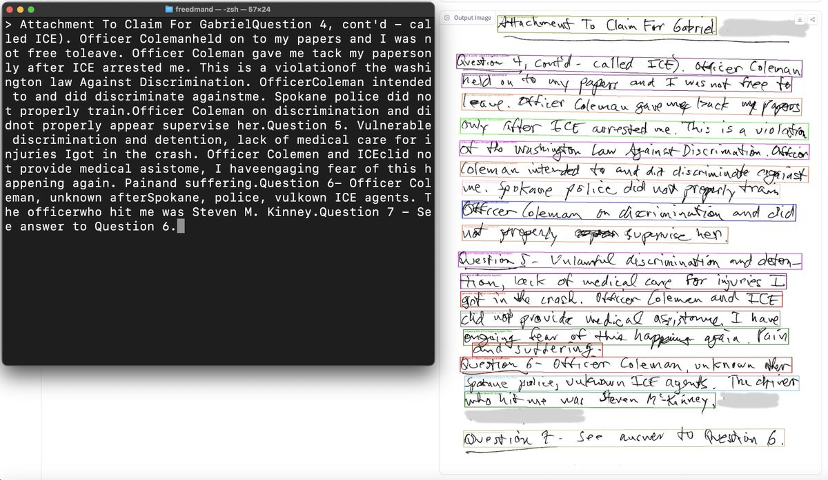 A picture of a terminal window showing extracted text next to an image of handwriting with colorful bounding boxes around it. The extracted text pretty closely matches the messily handwritten document.