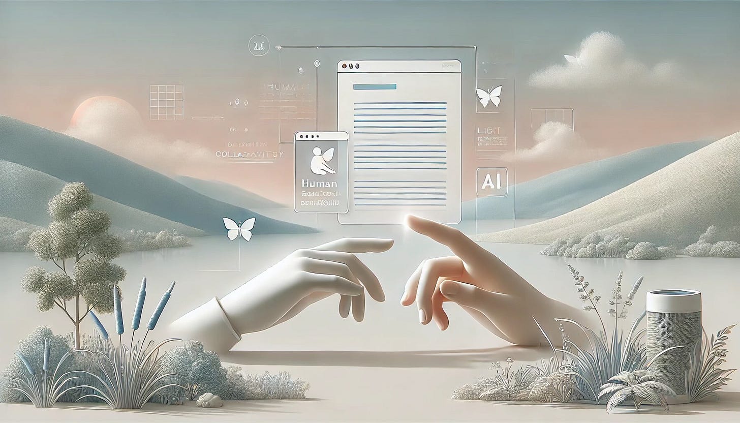 Minimalist illustration of a human hand and a digital interface collaborating on text creation, symbolizing the seamless partnership between human creativity and AI assistance. The design features soft, neutral tones of white, light gray, and soft blue, evoking a calm and productive workspace.