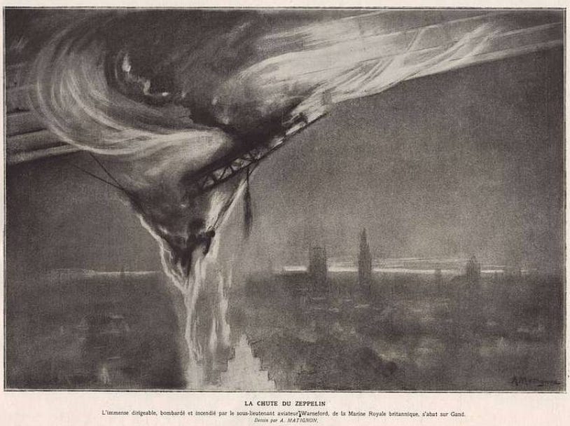 A French postcard commemorating the fiery end of LZ.37. In this artists impression, the Zeppelin can be seen at the top of the drawing, then an enormous swirl of flame and smoke corkscrews downwards toward the ground. In the background, a darkened city extends away into the distance.