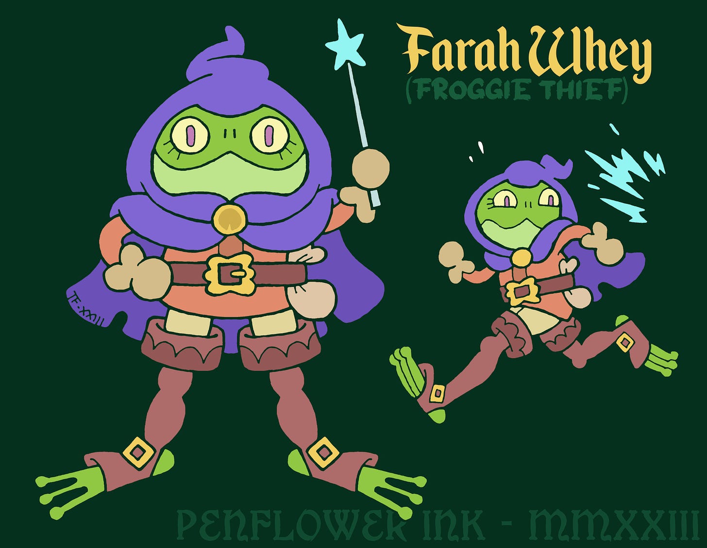 Traditionally hand drawn, digitally coloured illustration of a green frog wearing a purple hood and cloak, orange tunic, brown belt and brown thigh-high boots. She is proudly holding up a silver magic wand, then running away from some kind of magical mishap she has caused. Text reads: Farah Whey, froggie thief.