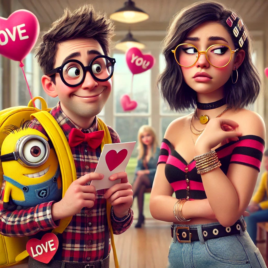 A humorous and slightly awkward scene where a nerdy guy, wearing glasses, a plaid shirt, and a bright yellow Minions backpack, nervously hands a Valentine's Day card to a stylish, attractive girl who appears uninterested. The guy has a shy, hopeful expression, while the girl, dressed in trendy clothes, looks disinterested, glancing away or showing a bored expression. The background is set in a casual location like a school hallway or park, with Valentine's Day decorations such as pink and red hearts. The atmosphere is playful, yet slightly uncomfortable.