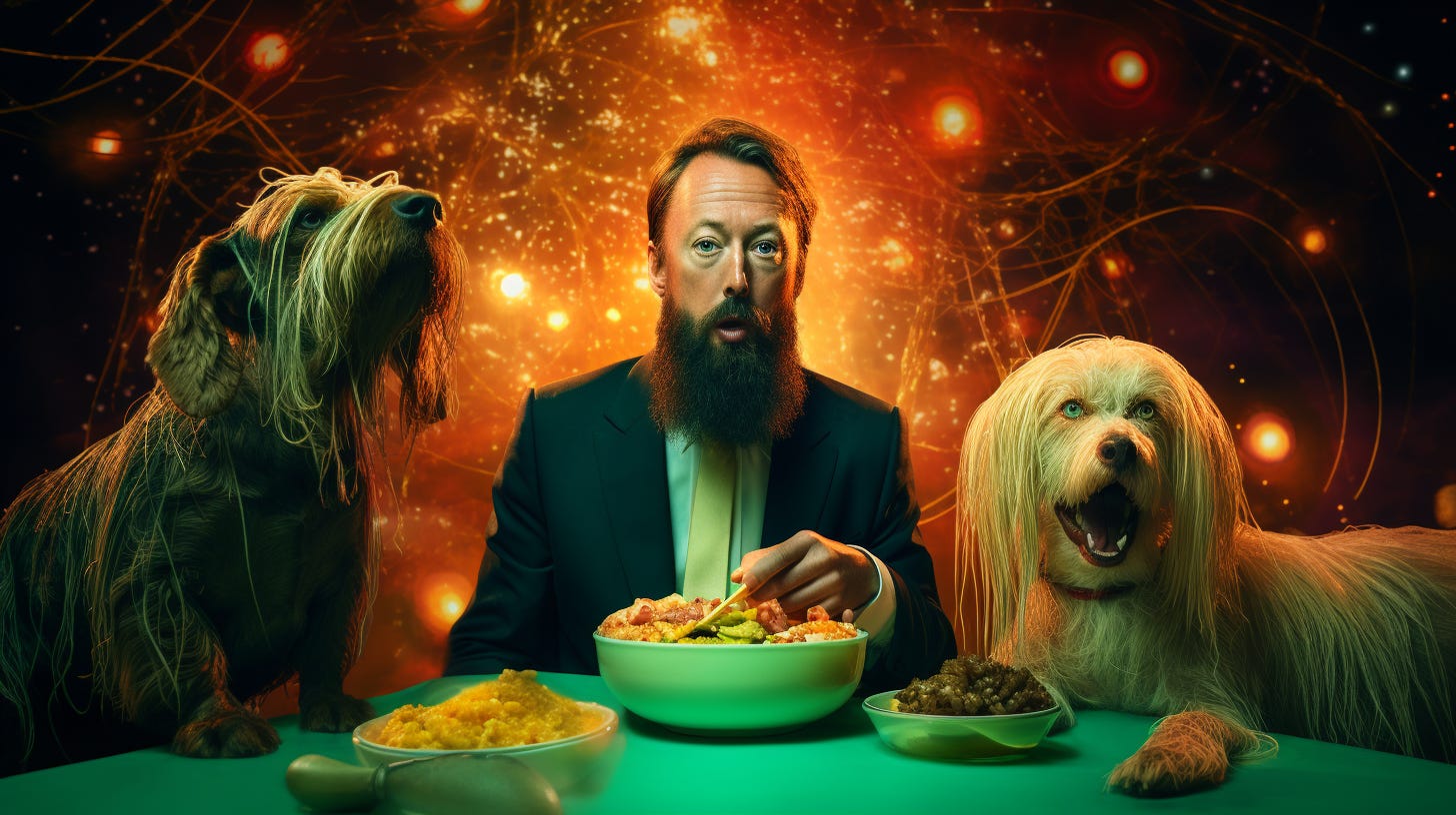 Midjourney-generated image of Albert Camus with a beard eating spaghetti with 2 dogs.