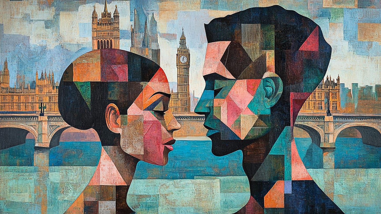 a cubist style oil painting in the style of wonderfully complex--two people--a black woman's anxiety and the walls she’s built to protect herself, and her tattooed white man's journey through grief and fatherhood, are portrayed with sensitivity and care