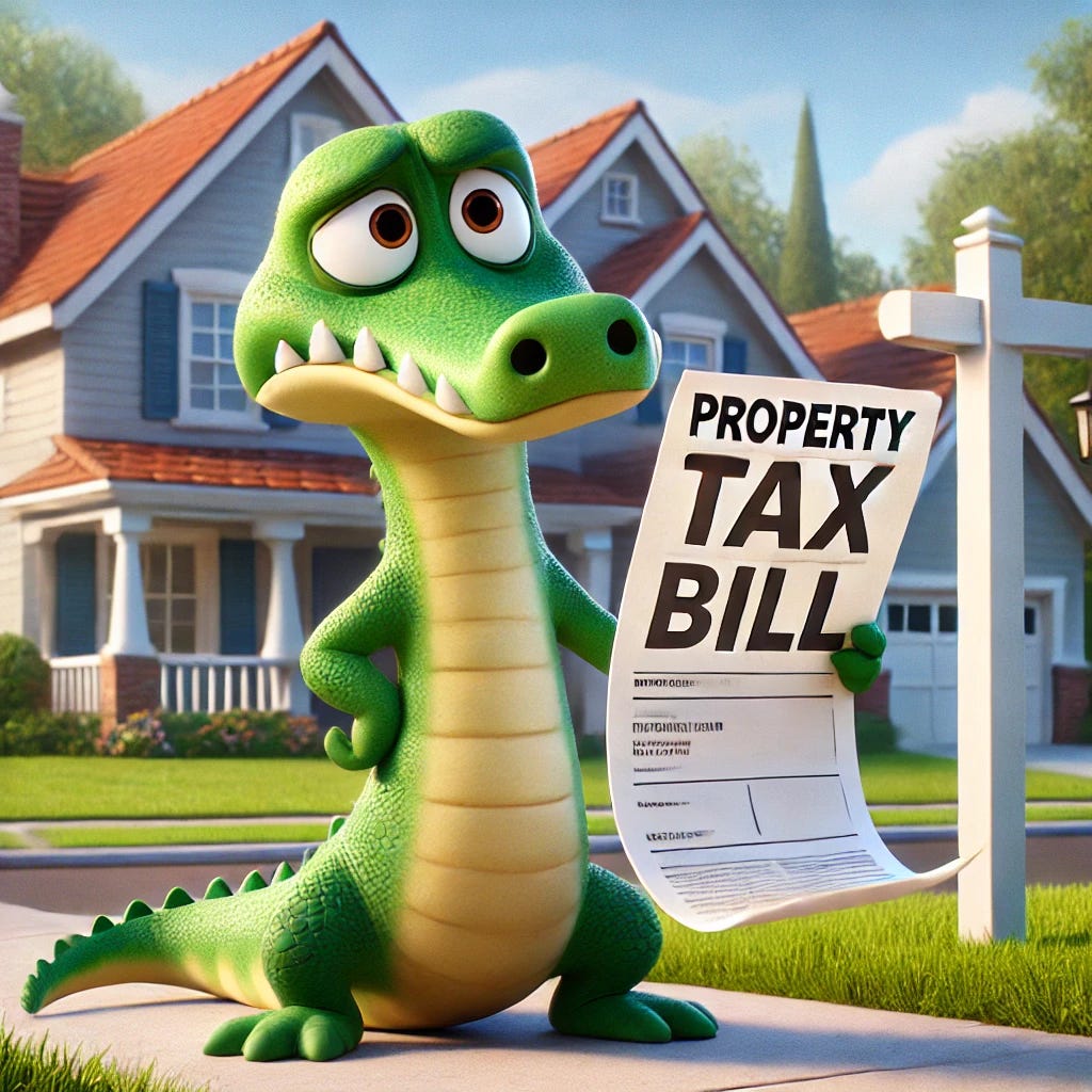 A small, cute anthropomorphic gator named Croaky in a Pixar-style illustration, standing in front of a suburban home with an annoyed expression. He holds a large piece of paper labeled 'Property Tax Bill' while shaking his head. The background features a peaceful neighborhood with well-kept lawns, emphasizing the burden of property taxes.