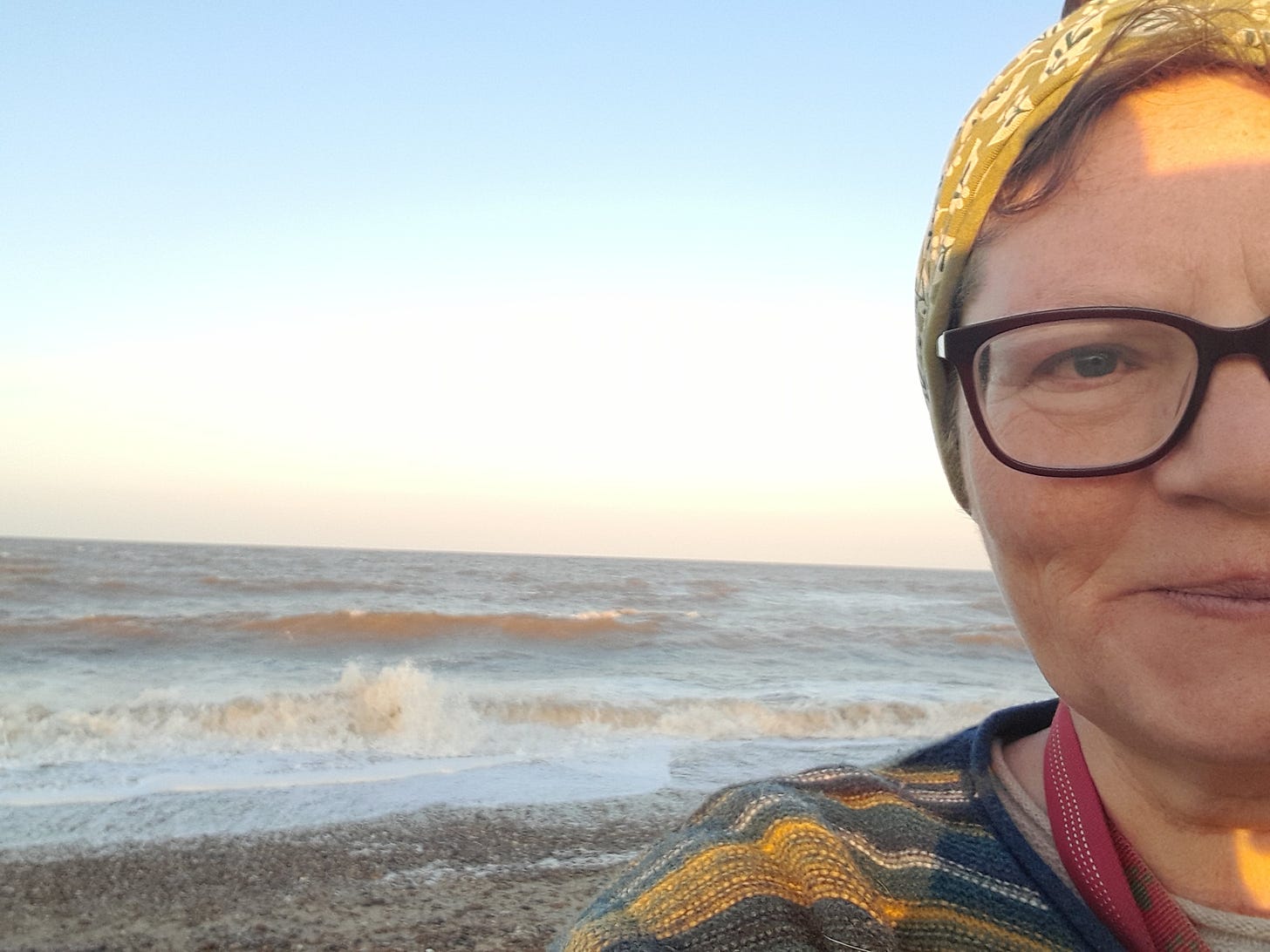Selfie - half my face, wearing red specs. Dog leads round my neck. Stripy jumper. Green headband.  The sea's behind me
