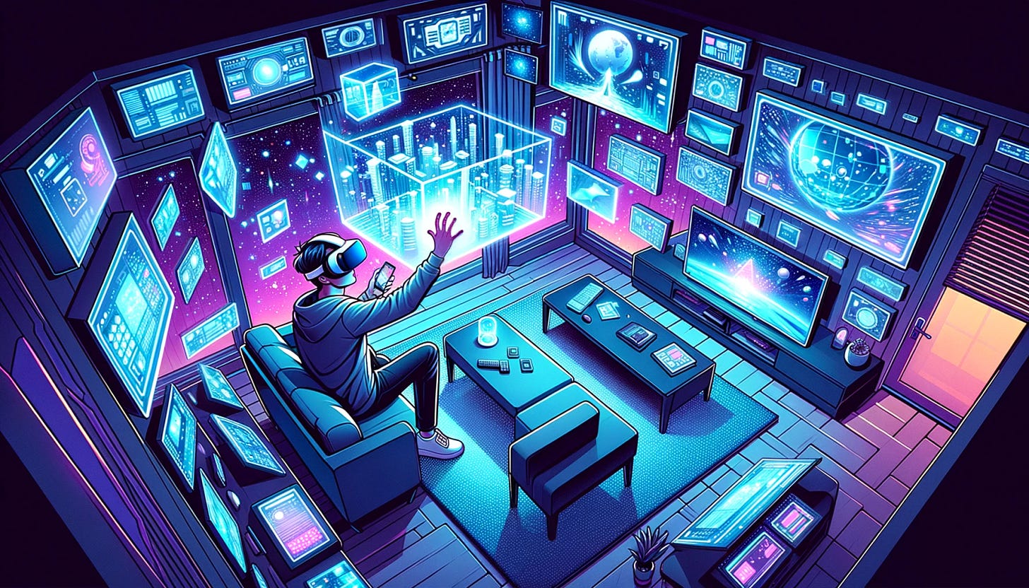 Illustration of a guy engrossed in a virtual world inside his living room, thanks to the Meta Quest 3 VR headset. His walls are filled with glowing virtual screens, and he's reaching out to touch a floating virtual display.