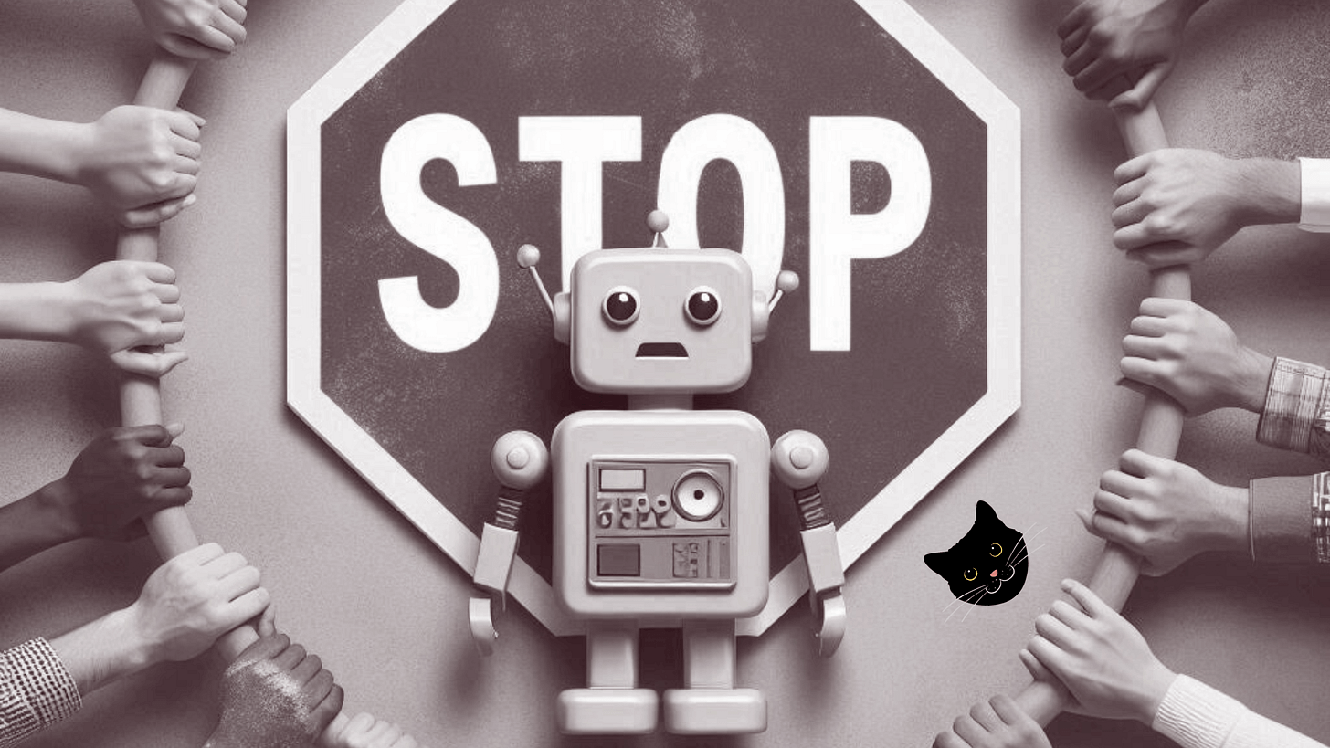 Image of robot, a stop sign and a cat face