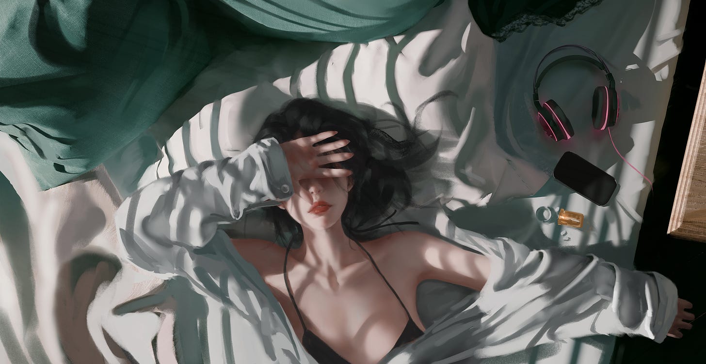 General 4711x2432 WLOP digital art artwork illustration women long hair dark hair room indoors women indoors sunlight lying down white shirt bed headphones